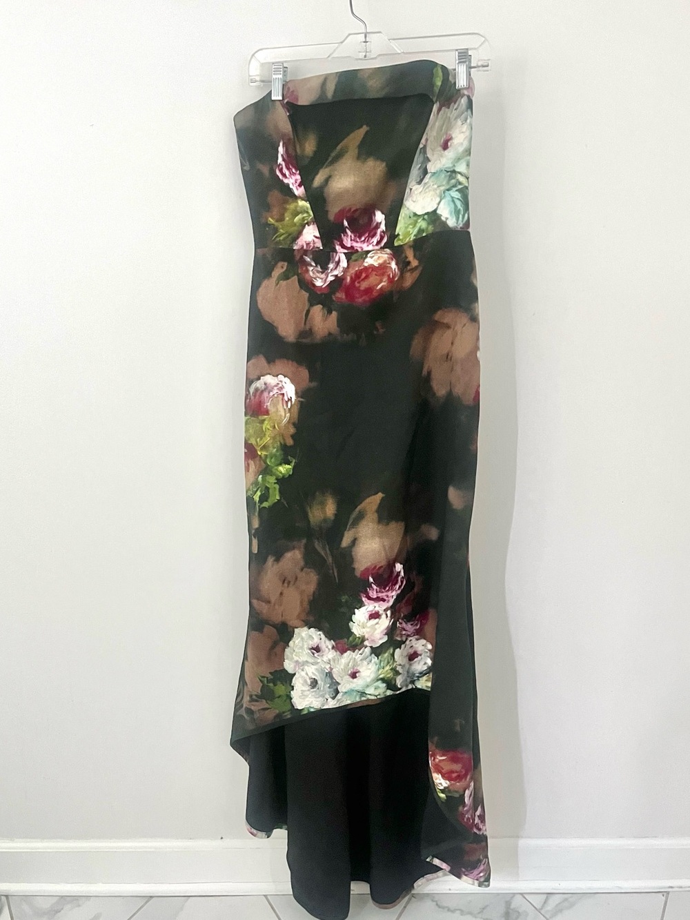 Strapless Floral High-Low Evening Gown - Black Floral